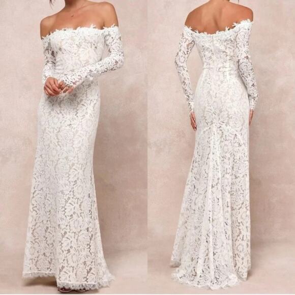 Lulus Romance Dreamer White Lace Off-the-Shoulder Maxi Dress Wedding Bride XL - Picture 1 of 12